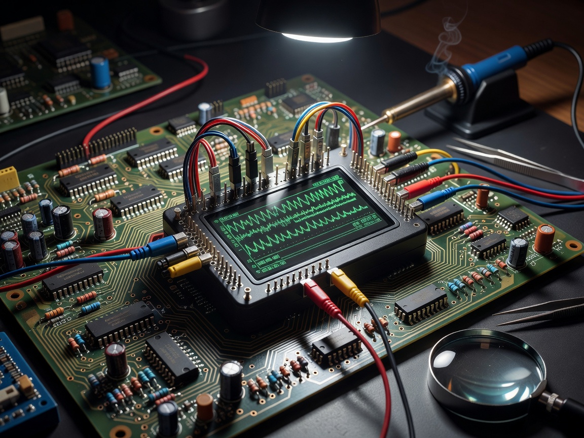 Circuit board debugging logic analyzer connected to retro arcade PCB