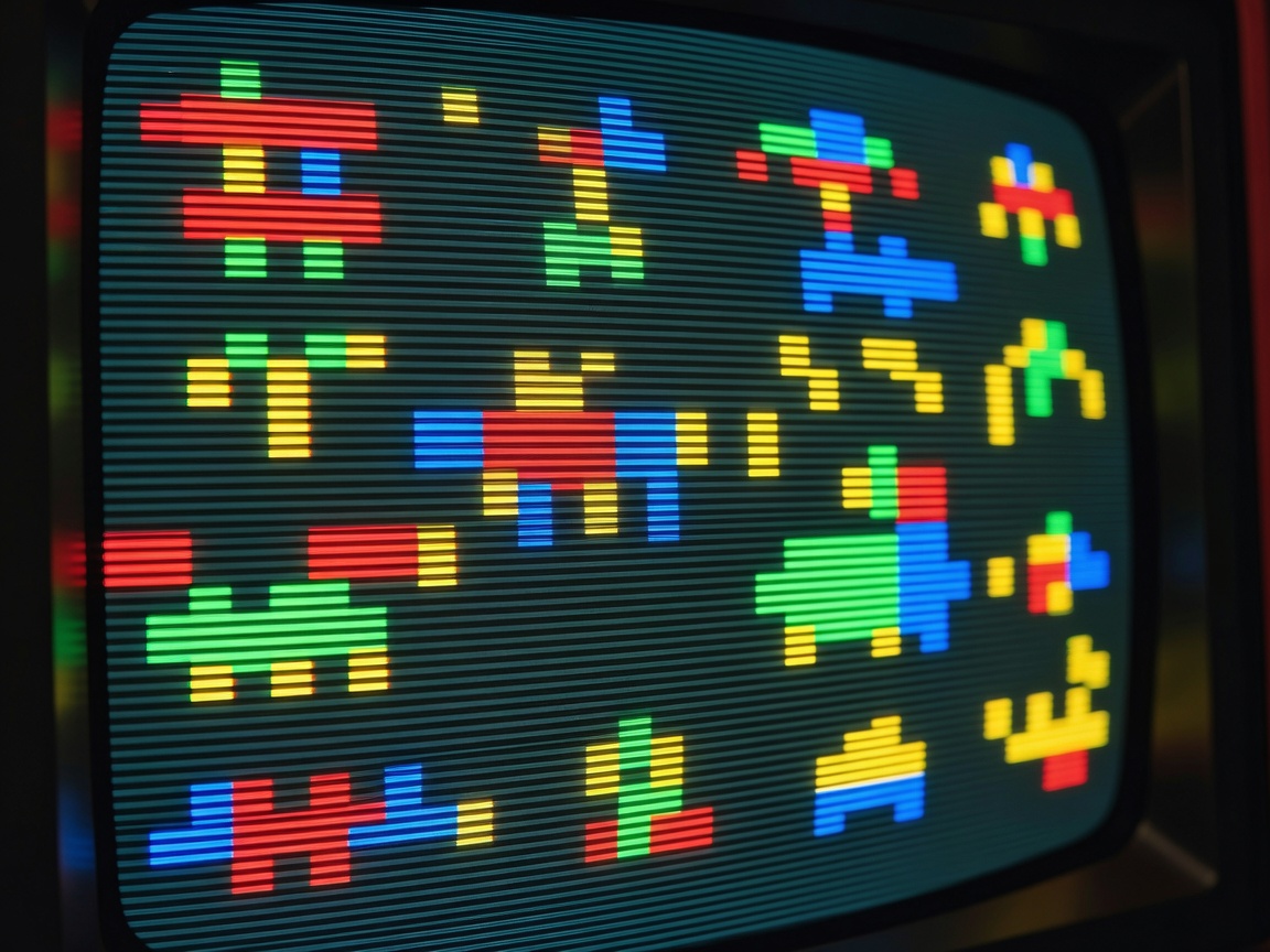 Detailed close up of CRT monitor scanlines displaying retro arcade pixels