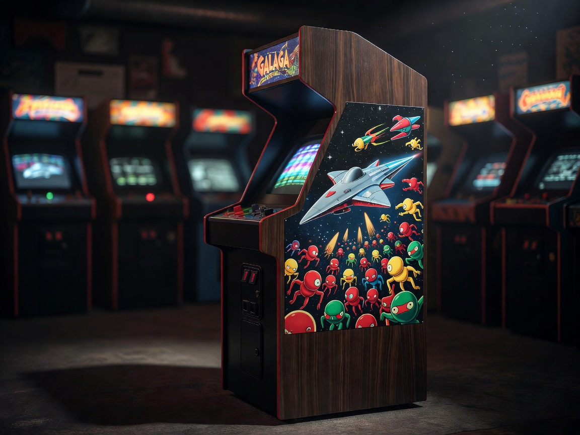 Galaga 1981 coin-operated arcade machine cabinet in dark arcade room