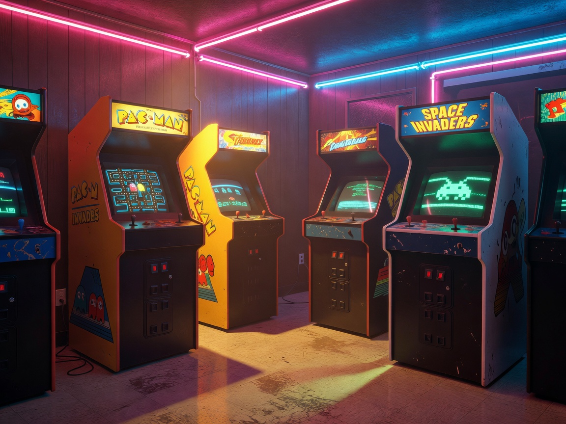 Neon illuminated classic arcade room with Pac-Man and Space Invaders cabinets