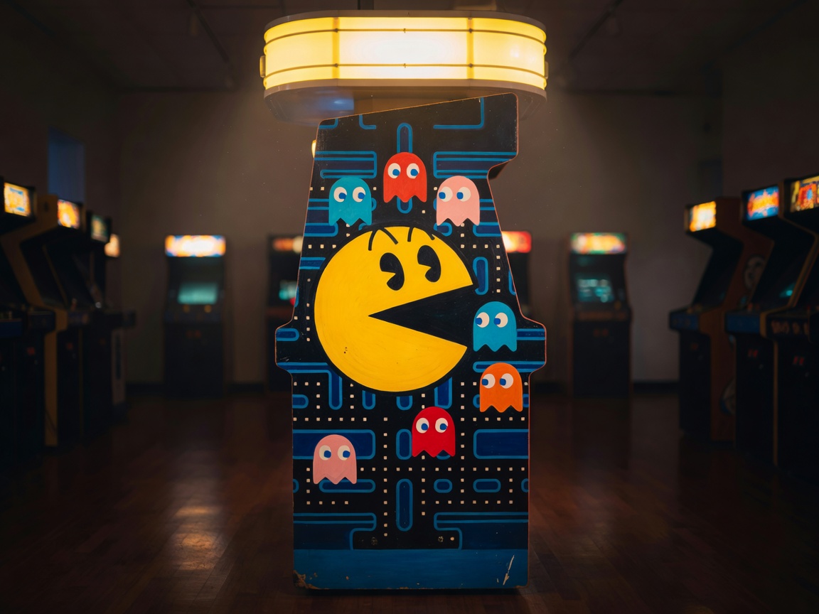 Pac-Man classic upright arcade cabinet featuring original Namco yellow side art and illuminated marquee