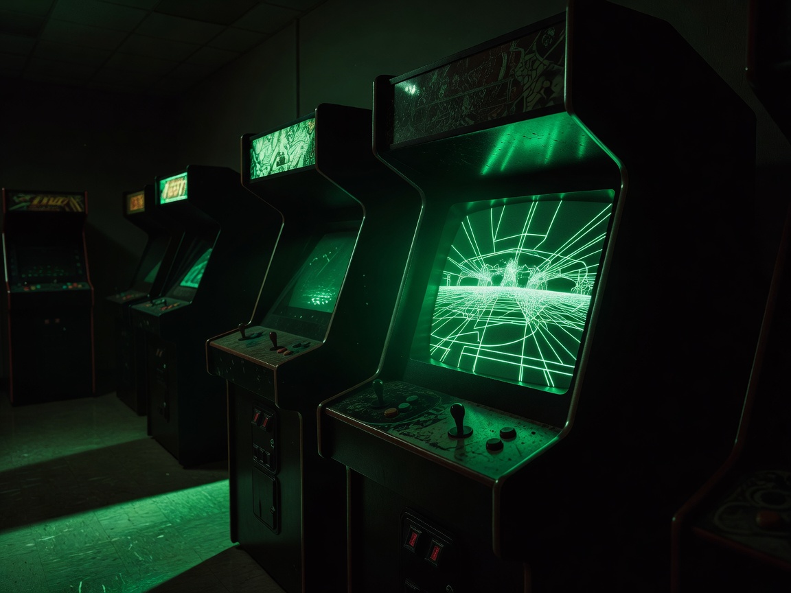 Atari Asteroids vector graphics CRT display screen in dark arcade room