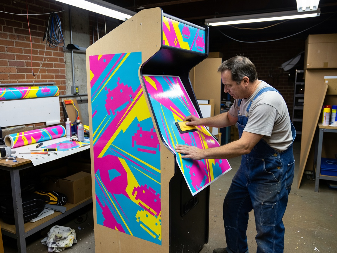 Vintage 1980s arcade side art vinyl application process on wooden cabinet
